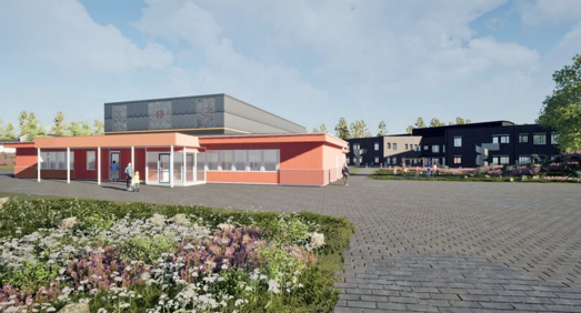 Skiss över nya kulturskolan med Hammarlunden F-6 i bakgrunden.